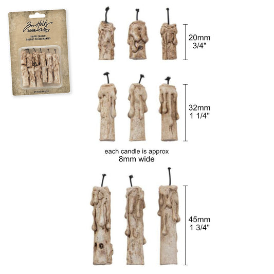 Drippy Candles - by Tim Holtz Idea-Ology - Miniature realistic candles made of stained resin with black cotton wicks. Ideal as decorative accents in art or as party decor. To use to create festive artwork, 3-dimensional frames, assemblage projects, off-the-page displays, Vignette trays, book boxes, giftware and more. Pack of 9 (nine) pieces, three of each style. Sizes from 2cm to 4.5cm tall (plus wick length) as shown in the diagram of photographed candles. TH94260