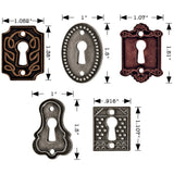 sizes of Keyholes, Metal Adornments ... by Tim Holtz Idea-Ology - Realistic metal silver coloured keyhole plates, each with a different style. Use for mixed media, assemblage projects, cardmaking, junk journaling, book making, visual arts. 5 (five) keyholes with 10 (ten) split-pin (brad) fasteners, 1 (one) of each design.   The wonderful vintage styling of these Metal Adornment Keyholes are a vintage silver colour, designed by Tim Holtz to enhance your project with a beautiful unique style. TH92718