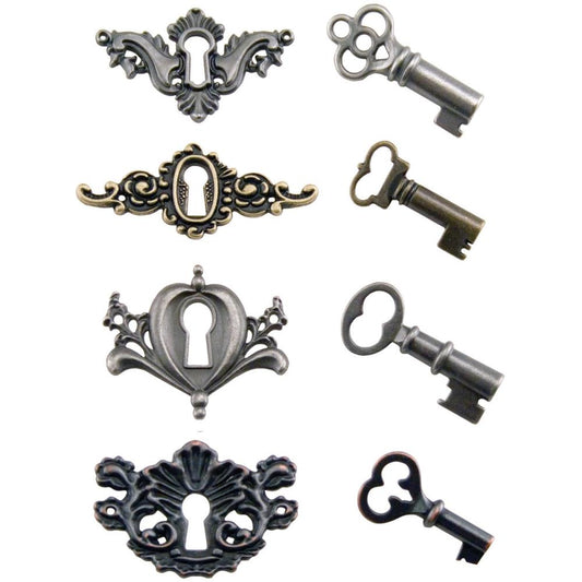 Locket Keys, Metal Adornments ... by Tim Holtz Idea-Ology - Vintage inspired metal keyhole plates with complimenting keys, each in a different style. Use for mixed media, assemblage projects, cardmaking, junk journaling, book making, visual arts. 4 (four) keyhole plates, 4 (four) locket keys, 8 (eight) split-pin (brad) fasteners, 1 (one) of each design. TH92822. Photo of the designs.
