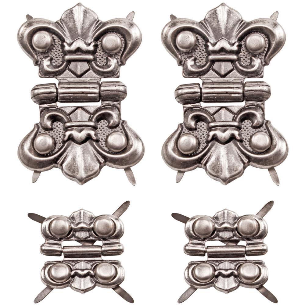 Hinges ... by Tim Holtz Idea-Ology - Metal realistic miniature ornate hinges used to attach objects or use as closures or decoration for assemblage projects, papercrafts and visual arts. Photo showing the 4 (four) pairs of hinges (2 large 1 1/8" wide, 2 small 3/4" wide) with the 16 (sixteen) split pin (brad) fasteners inserted in the holes. Total of 20 (twenty) pieces. 