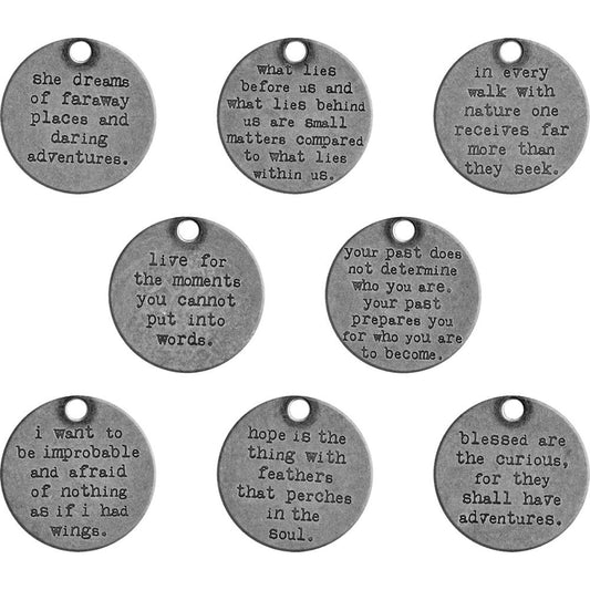 overview of the tags from - Quote Tokens ... Idea-Ology Adornments by Tim Holtz. Round tags 1 1/4" (31mm) wide, made of pewter coloured metal with a reinforced hole for attaching to artwork. Each tag has a wonderful saying for all occasions. Ideal to be used with mixed media, decorating ornaments, cardmaking, scrapbooking and visual arts. Pack of 8 (eight) tags, one of each design in a vintage typewriter style lowercase typeface. TH93691