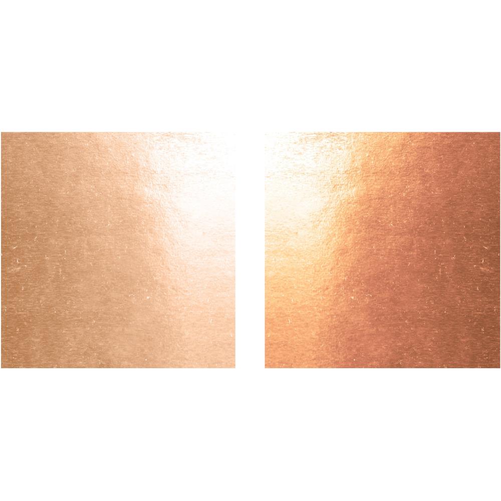 Metallic - Rose Gold and Copper - Kraft Stock Cardstock Idea-Ology Paper by Tim Holtz. Sheets of shiny smooth cardstock in traditional metallic colours on Kraft (natural tan, brown) core. 36 sheets, 2 colours (18 of each) with a smooth very shiny finish. Sheet size is 8"x8" (20cm x 20cm). Photograph of Rose Gold, shown on the left, and Copper, shown on the right.