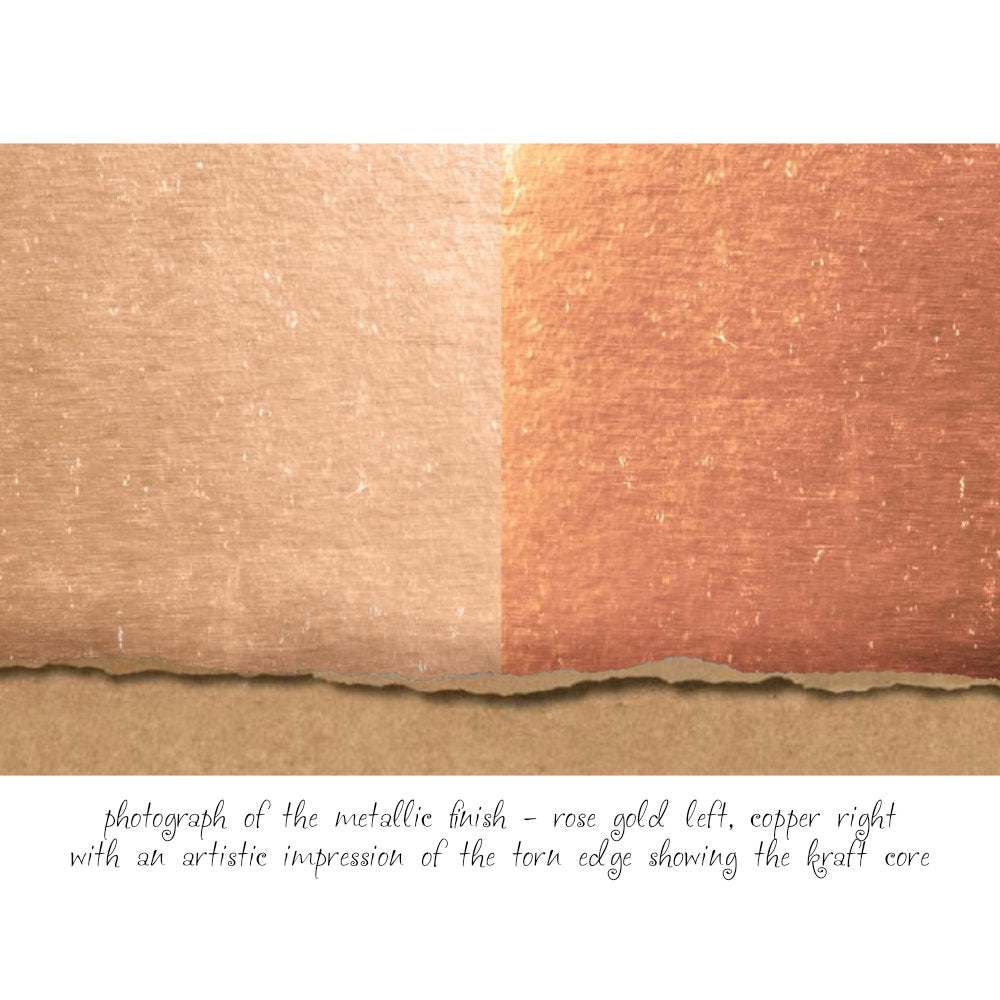 Metallic - Rose Gold and Copper - Kraft Stock Cardstock Idea-Ology Paper by Tim Holtz. Sheets of shiny smooth cardstock in traditional metallic colours on Kraft (natural tan, brown) core. 36 sheets, 2 colours (18 of each) with a smooth very shiny finish. Sheet size is 8"x8" (20cm x 20cm). Photograph of Rose Gold, shown on the left, and Copper, shown on the right with an artistically created torn strip showing the Kraft core.