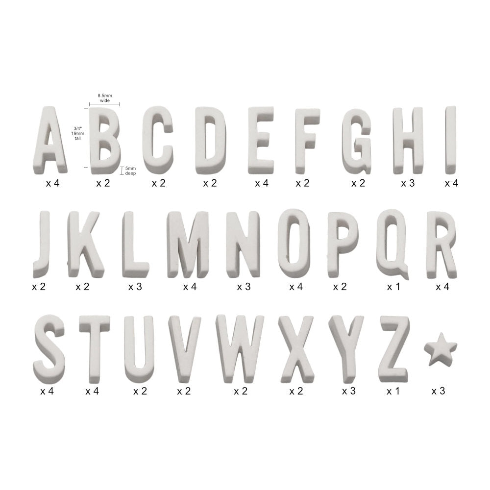 Typography - Idea-Ology Resin Alphabet by Tim Holtz TH94417 ... 3D alphabet in uppercase condensed sans serif typeface, made of ivory resin, and ready for use in cardmaking, seasonal decorations, mixed media, display boxes, frames and visual creative arts. Write your thoughts, words, phrases and exclamations out using this miniature dimensional plastic (resin) white alphabet. There are multiples of each letter plus a 5-pointed star. Image of sizes and quantities.
