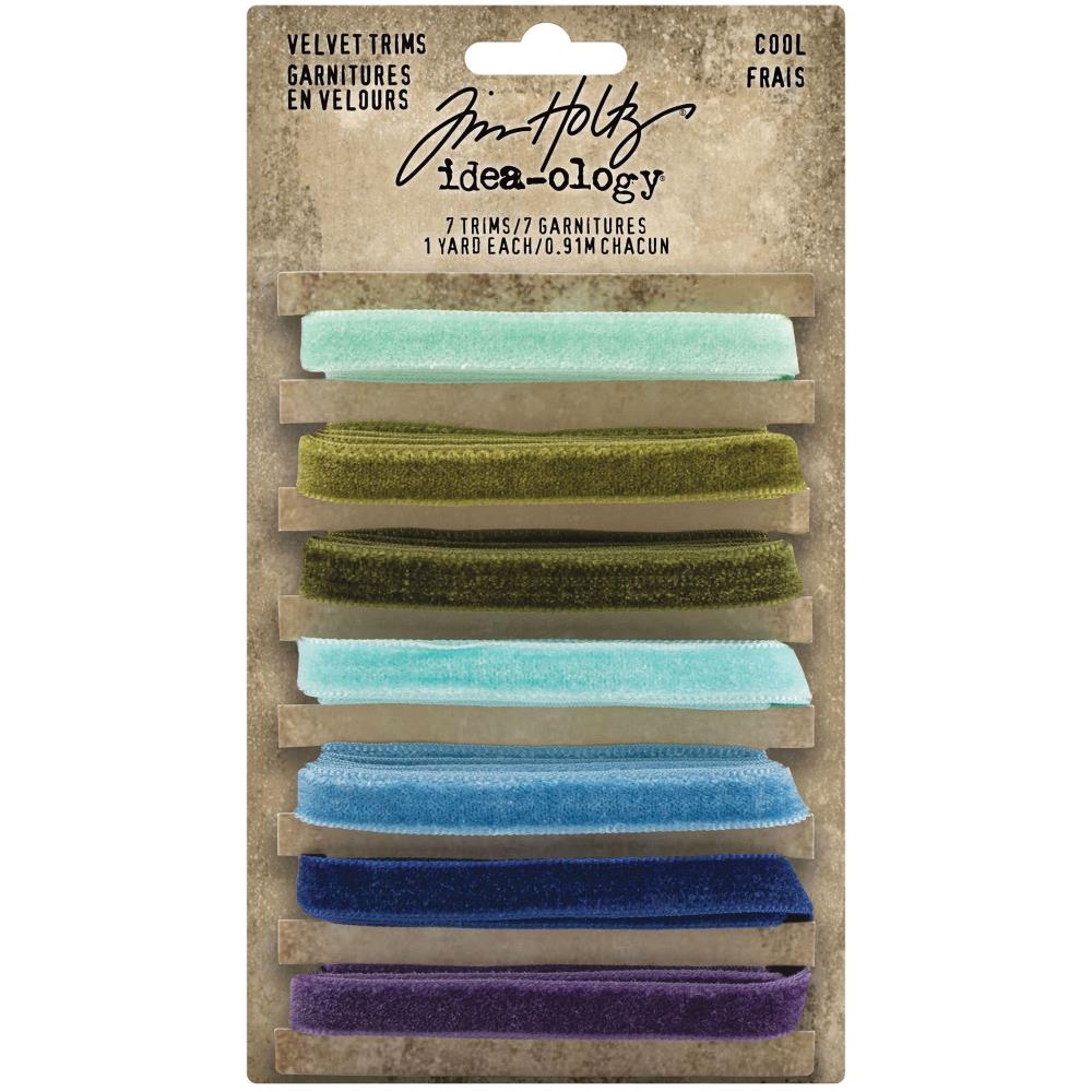 Velvet Trims - Cool Colours (blues, greens, purple) ... Tim Holtz Idea-Ology Trimmings. 7 (seven) colours, each approx 8mm wide, 1 yard (90cm) long.
Tim Holtz Velvet Trims are 90cm long lengths of soft and luxurious faux velvet trimmings in a beautiful range of colours the compliment the Tim Holtz Distress Ink Range. Each is approx 8mm wide and beautifully finished with thick plush velvet one side, smooth flat on the back with professionally finished edging.
