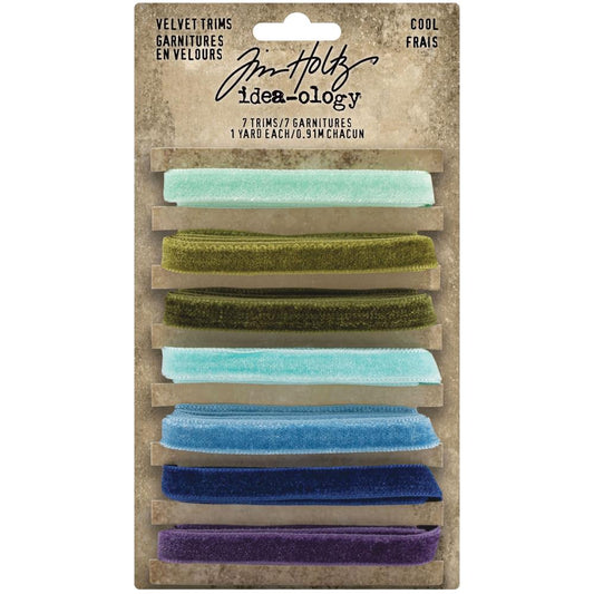 Velvet Trims - Cool Colours (blues, greens, purple) ... Tim Holtz Idea-Ology Trimmings. 7 (seven) colours, each approx 8mm wide, 1 yard (90cm) long.
Tim Holtz Velvet Trims are 90cm long lengths of soft and luxurious faux velvet trimmings in a beautiful range of colours the compliment the Tim Holtz Distress Ink Range. Each is approx 8mm wide and beautifully finished with thick plush velvet one side, smooth flat on the back with professionally finished edging.