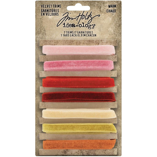 Velvet Trims - Warm Colours (pinks, yellows, reds) ... Tim Holtz Idea-Ology Trimmings. 7 (seven) colours, each approx 8mm wide, 1 yard (90cm) long.
Tim Holtz Velvet Trims are 90cm long lengths of soft and luxurious faux velvet trimmings in a beautiful range of colours the compliment the Tim Holtz Distress Ink Range. Each is approx 8mm wide and beautifully finished with thick plush velvet one side, smooth flat on the back with professionally finished edging.