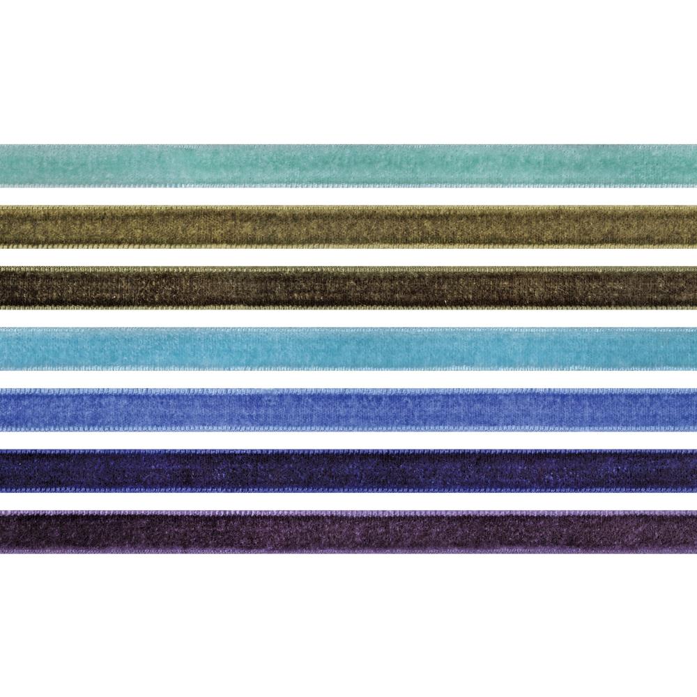 Velvet Trims - Cool Colours (blues, greens, purple) ... Tim Holtz Idea-Ology Trimmings. 7 (seven) colours, each approx 8mm wide, 1 yard (90cm) long.
Tim Holtz Velvet Trims are 90cm long lengths of soft and luxurious faux velvet trimmings in a beautiful range of colours the compliment the Tim Holtz Distress Ink Range. Each is approx 8mm wide and beautifully finished with thick plush velvet one side, smooth flat on the back with professionally finished edging.
