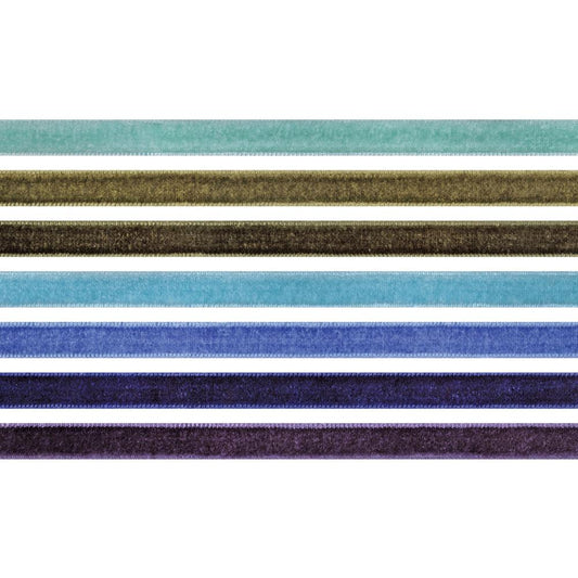 Velvet Trims - Cool Colours (blues, greens, purple) ... Tim Holtz Idea-Ology Trimmings. 7 (seven) colours, each approx 8mm wide, 1 yard (90cm) long.
Tim Holtz Velvet Trims are 90cm long lengths of soft and luxurious faux velvet trimmings in a beautiful range of colours the compliment the Tim Holtz Distress Ink Range. Each is approx 8mm wide and beautifully finished with thick plush velvet one side, smooth flat on the back with professionally finished edging.