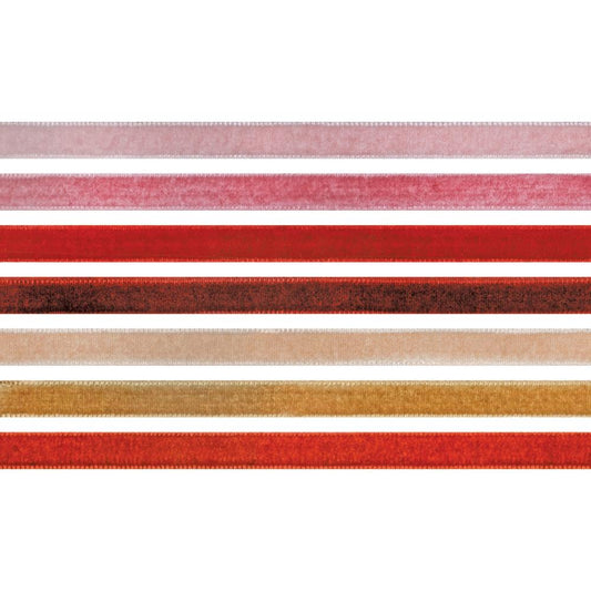 Velvet Trims - Warm Colours (pinks, yellows, reds) ... Tim Holtz Idea-Ology Trimmings. 7 (seven) colours, each approx 8mm wide, 1 yard (90cm) long.
Tim Holtz Velvet Trims are 90cm long lengths of soft and luxurious faux velvet trimmings in a beautiful range of colours the compliment the Tim Holtz Distress Ink Range. Each is approx 8mm wide and beautifully finished with thick plush velvet one side, smooth flat on the back with professionally finished edging.