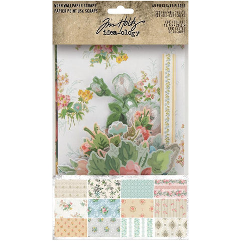Worn Wallpaper Scraps - Idea-Ology by Tim Holtz ... a gathering of textured, vintage inspired printed designs of salvaged floral imagery in sheets and diecut pieces. 20 (twenty) sheets of single sided floral wallpaper textured cardstock with 29 (twenty nine) die cut pieces of flowers, foliage and elements. Sheet size is 5"x8", die cut pieces vary in size.