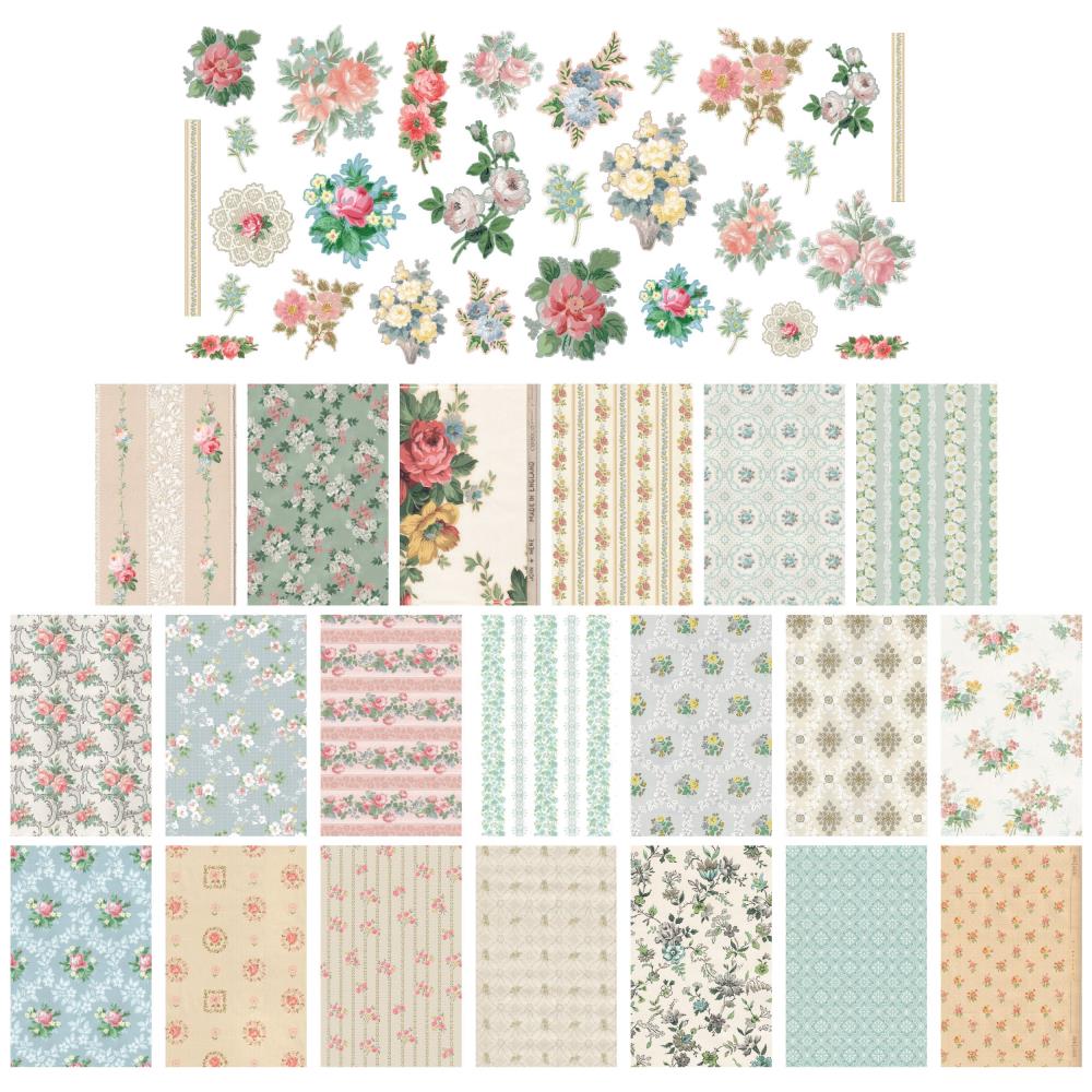 Worn Wallpaper Scraps - Idea-Ology by Tim Holtz ... a gathering of textured, vintage inspired printed designs of salvaged floral imagery in sheets and diecut pieces. 20 (twenty) sheets of single sided floral wallpaper textured cardstock with 29 (twenty nine) die cut pieces of flowers, foliage and elements. Sheet size is 5"x8", die cut pieces vary in size. Overview of all the pieces.