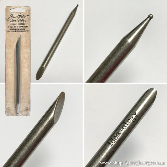 Remnant Rub Tool ... Idea-Ology Tool by Tim Holtz ... solid metal stylus with one flat end and one round ballpoint end. Use to lift, smooth and burnish rub-on transfer stickers onto mixed media, papercrafts, handicrafts and visual arts. 1 (one) double ended (flat and ballpoint) stylus made of metal, 132mm long. Close up detailed photos of the Tim Holtz (IdeOlogy IdeaOlogy) Tool.