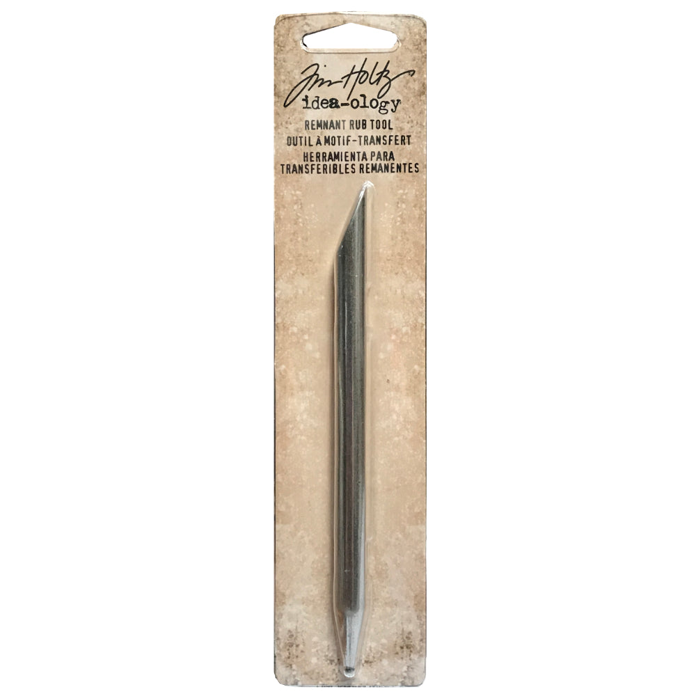 Remnant Rub Tool ... Idea-Ology Tool by Tim Holtz ... solid metal stylus with one flat end and one round ballpoint end. Use to lift, smooth and burnish rub-on transfer stickers onto mixed media, papercrafts, handicrafts and visual arts. 1 (one) double ended (flat and ballpoint) stylus made of metal, 132mm long. Packaging with toll
