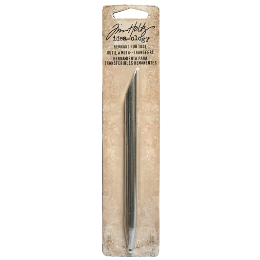 Remnant Rub Tool ... Idea-Ology Tool by Tim Holtz ... solid metal stylus with one flat end and one round ballpoint end. Use to lift, smooth and burnish rub-on transfer stickers onto mixed media, papercrafts, handicrafts and visual arts. 1 (one) double ended (flat and ballpoint) stylus made of metal, 132mm long. Packaging with toll