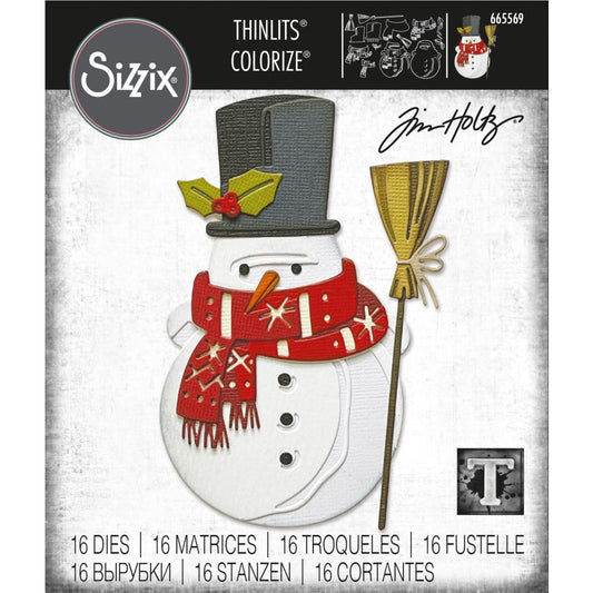 Winston ... Thinlits Colorize Die Cutting Templates by Tim Holtz, made by Sizzix (no.665569). 16 (sixteen) templates to cut out all the layers and pieces to create a wonderful friendly snowman. 
Winston the snowman has a woolly scarf, top hat with holly sprig, a witch's style broom (what I call a proper broom with bristles and tied onto the stick, handle), 3 buttons and carrot for his nose (as one does). Size complete, 7cm x 12cm.