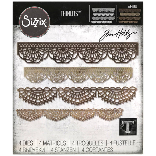 Crochet (set 1) ... Thinlits - Die Cutting Templates by Tim Holtz and Sizzix (no.664178). A wonderful selection of borders and edging to cut out of paper, cardstock and vellum, to create a realistic look of crochet or bobbinlace.
Use these designs for layering and adding dimension for cards, scrapbook pages, journaling, mixed media of all kinds. This template cuts out the elements of the design, without a rectangle cutout, to create long lengths of crochet wherever you stitch!