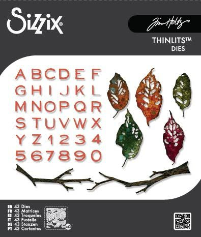 Leaves and Sticks - Sizzix Thinlits die cutting templates by Tim Holtz. Beautiful and useful designs to use for die cutting leaves, capital letters, numerals 0-9 and sticks out of paper, cardstock, lightweight fabric and more for journaling, bookmaking, papercrafts, visual arts and scrapbooking. 43 (forty three) templates in total (no.666914). This set of Thinlits (from the vault) includes designs that will enable you create a fantastic realistic leaves and foliage with branches, words and numbers.