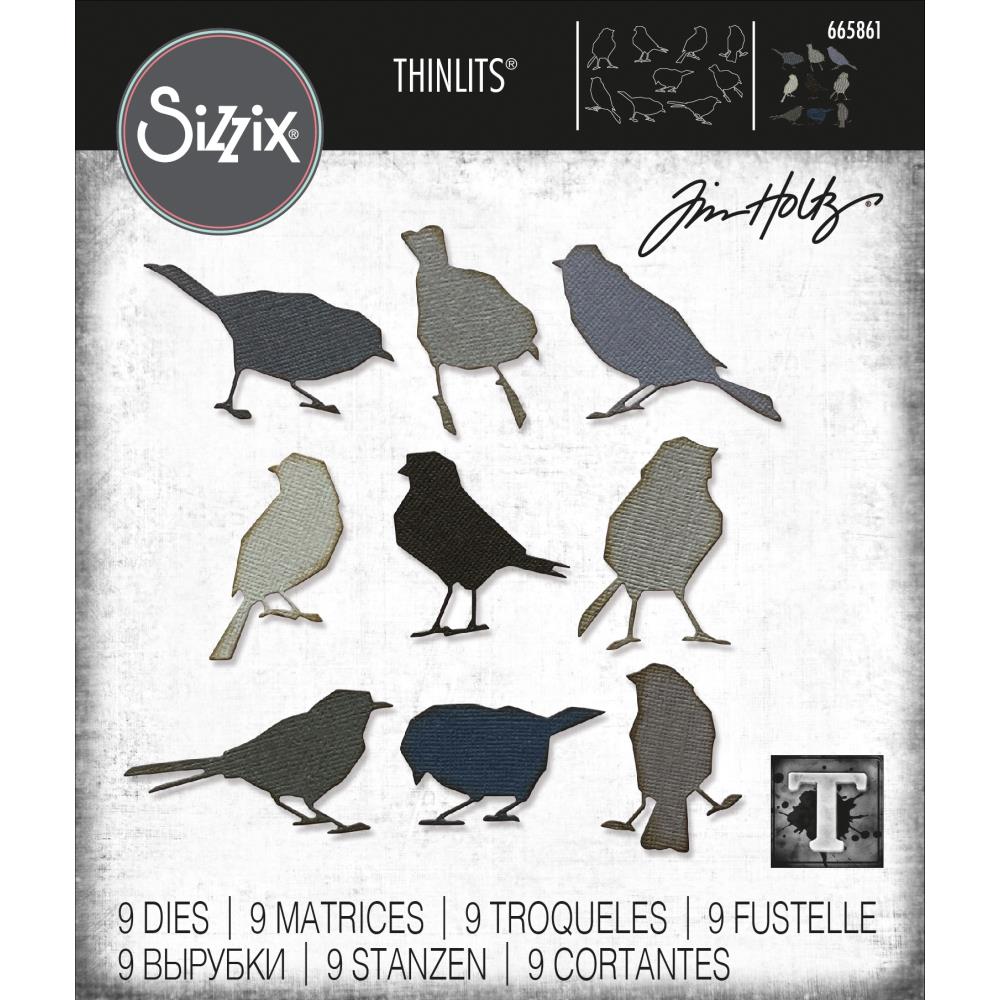 Silhouette Birds ... Thinlits Die Cutting Templates by Tim Holtz, made by Sizzix (no.665861). These designs cut out nine bird silhouettes in the garden variety, like sparrows, spoggies, finches, starlings, blackbirds.
This beautiful flock of birds are the perfect addition to greeting cards, tags, off the page displays, cards, scrapbook pages, art journaling, all kinds of visual arts and papercrafts - use wherever and however you wish. Have fun! Photo of pack.