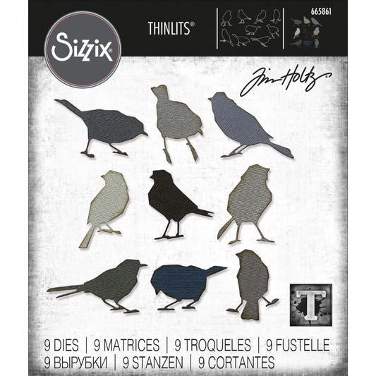 Silhouette Birds ... Thinlits Die Cutting Templates by Tim Holtz, made by Sizzix (no.665861). These designs cut out nine bird silhouettes in the garden variety, like sparrows, spoggies, finches, starlings, blackbirds.
This beautiful flock of birds are the perfect addition to greeting cards, tags, off the page displays, cards, scrapbook pages, art journaling, all kinds of visual arts and papercrafts - use wherever and however you wish. Have fun! Photo of pack.