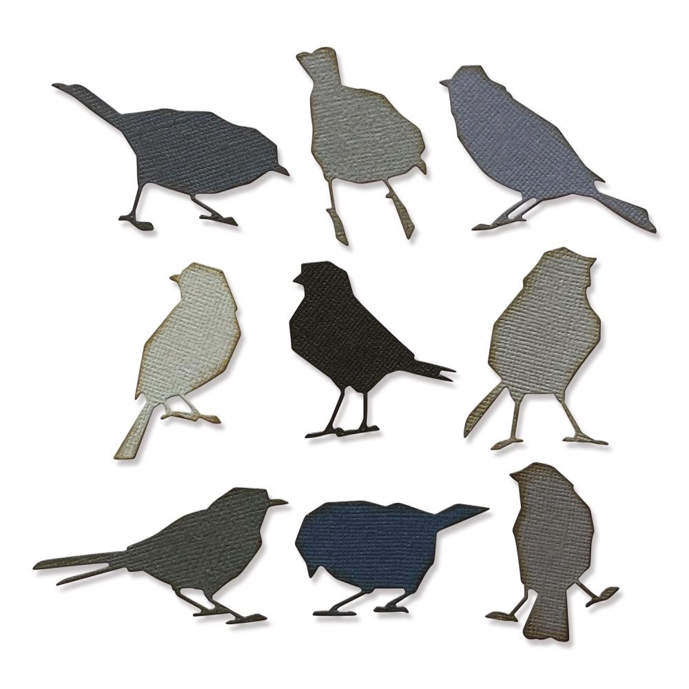 Overview of Silhouette Birds ... Thinlits Die Cutting Templates by Tim Holtz, made by Sizzix (no.665861). These designs cut out nine bird silhouettes in the garden variety, like sparrows, spoggies, finches, starlings, blackbirds.
This beautiful flock of birds are the perfect addition to greeting cards, tags, off the page displays, cards, scrapbook pages, art journaling, all kinds of visual arts and papercrafts - use wherever and however you wish. Have fun!