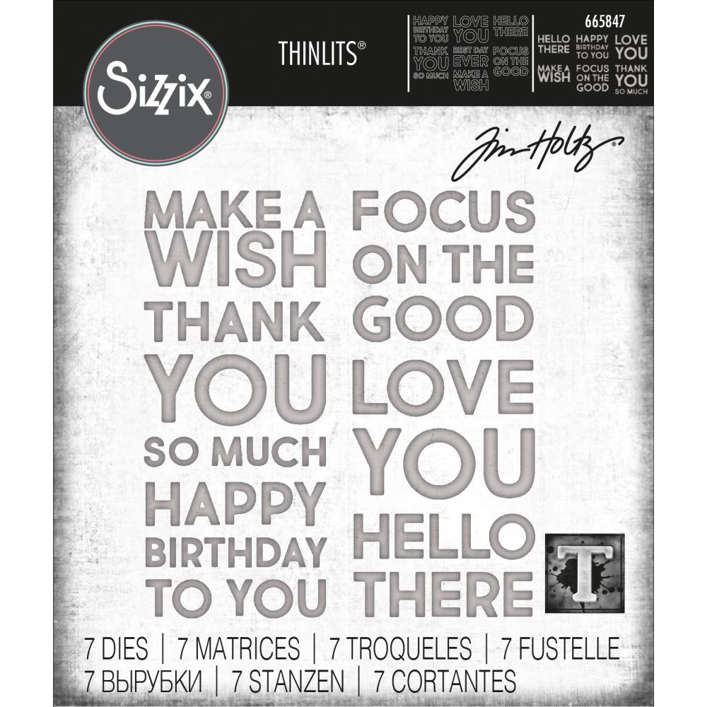 Bold Text (set no.1) ... Thinlits - Die Cutting Templates by Tim Holtz and Sizzix (no. 665847). 7 (seven) phrases in uppercase bold type, san serif easy to read lettering. Photo of the cover.
Focus on the good and create the best day ever by die cutting and creating fun colourful art all day long! This set by Tim is a set of short phrases to say wonderful heartfelt things to use every day and special occasions.