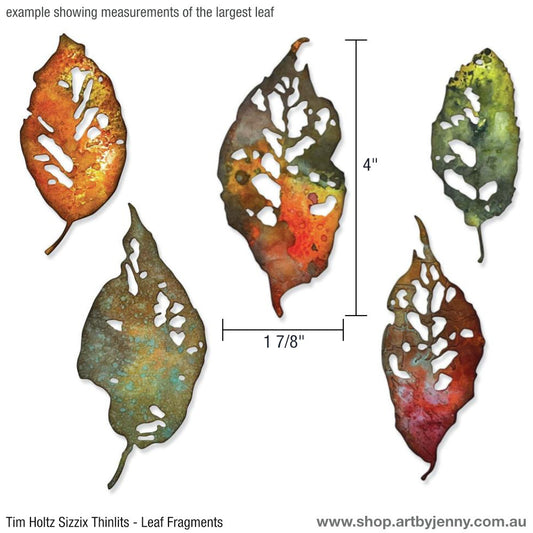 Leaf Fragments - Sizzix Thinlits die cutting templates by Tim Holtz. 5 (five) big beautiful realistic designs to use for die cutting foliage, leaves and petals out of paper, cardstock, lightweight fabric and more for journaling, bookmaking, papercrafts, visual arts and scrapbooking. 5 (five) templates, pieces in total (no.665559). Photo of the samples made using the templates, showing 5 leaves in rustic Autumn colours with a size guide.