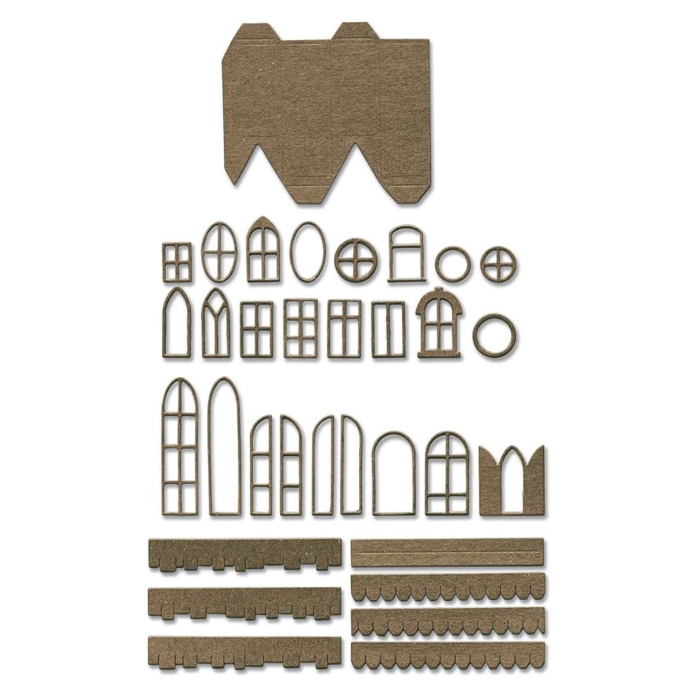 Village Collection ... Thinlits - Die Cutting Templates by Tim Holtz and Sizzix (product id 665564). Imagine building a miniature row of buildings with all their features ease! Create the shape of a building and add steeples, windows, tiles, doors, chimneys, all with depth, colour variations and 3D elements without spending hours fussy cutting with scissors. Photo of extended pieces, roof, windows, tower.