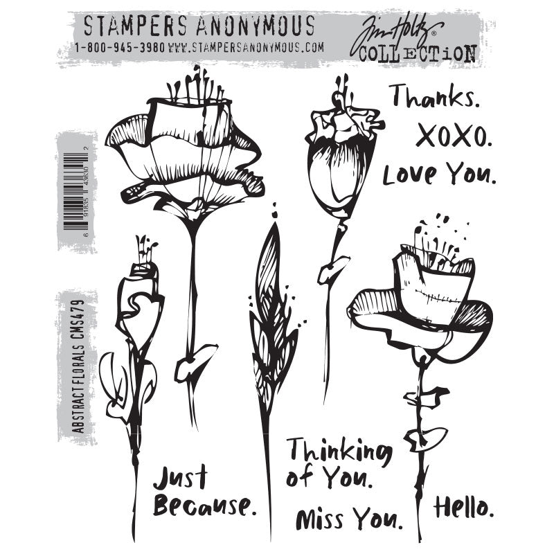 Abstract Florals ... by Tim Holtz and Stampers Anonymous (cms479). Beautiful long stemmed flowers with meaningful sayings. Set includes 12 (twelve) designs for creating journal pages, scrapbooking, art, cards, tags, mixed media, visual arts and papercrafts. This wonderful collection has five long stemmed flowers drawn with organic inky lines, etched shading and a few spatters, plus seven messages in a loose handwritten inky style.