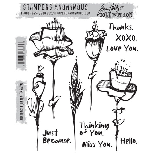 Abstract Florals ... by Tim Holtz and Stampers Anonymous (cms479). Beautiful long stemmed flowers with meaningful sayings. Set includes 12 (twelve) designs for creating journal pages, scrapbooking, art, cards, tags, mixed media, visual arts and papercrafts. This wonderful collection has five long stemmed flowers drawn with organic inky lines, etched shading and a few spatters, plus seven messages in a loose handwritten inky style.