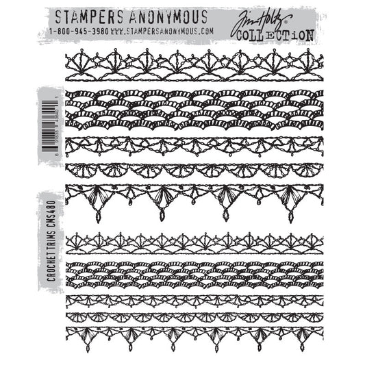 Crochet Trims ... by Tim Holtz and Stampers Anonymous (cms480). Delicate and intricate realistic looking lace crochet edges. Set includes 10 (ten) designs for creating journal pages, scrapbooking, art, cards, tags, mixed media, visual arts and papercrafts. This wonderful collection of beautifully detailed crochet lacework edge patterns includes a variety of stitches, styles and widths.