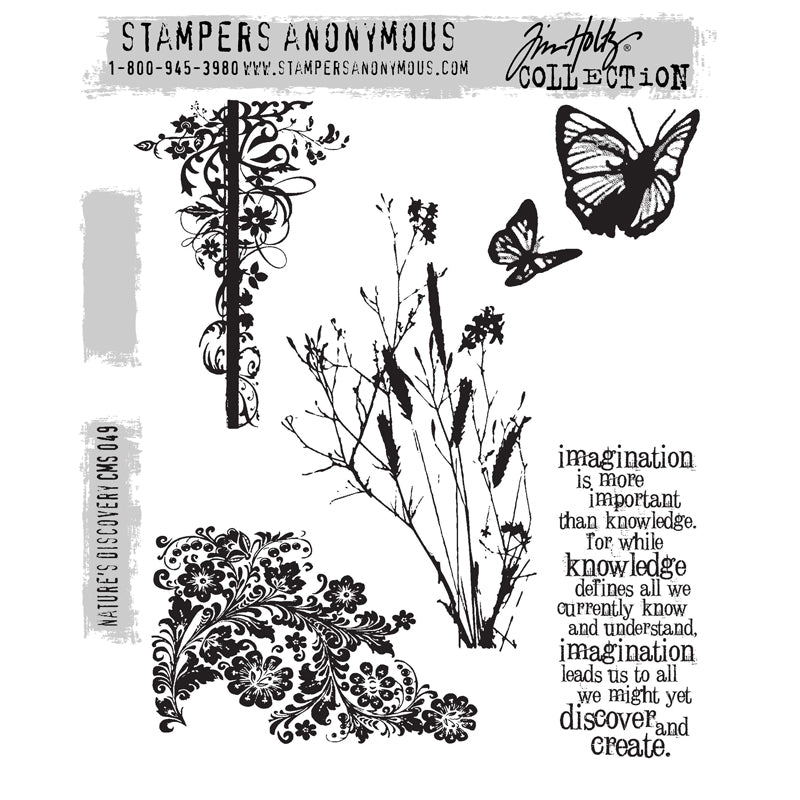 Nature's Discovery ... by Tim Holtz and Stampers Anonymous (cms049). Set of 5 (five) red rubber stamps mounted with cling foam to use for mixed media, journaling, visual arts and papercrafts.
This wonderful stamp set has beautiful reeds, a garden divider, flourishing flowers, flying butterflies and a wonderful quote in distressed typewriting font. 5 (five) stamps in total.