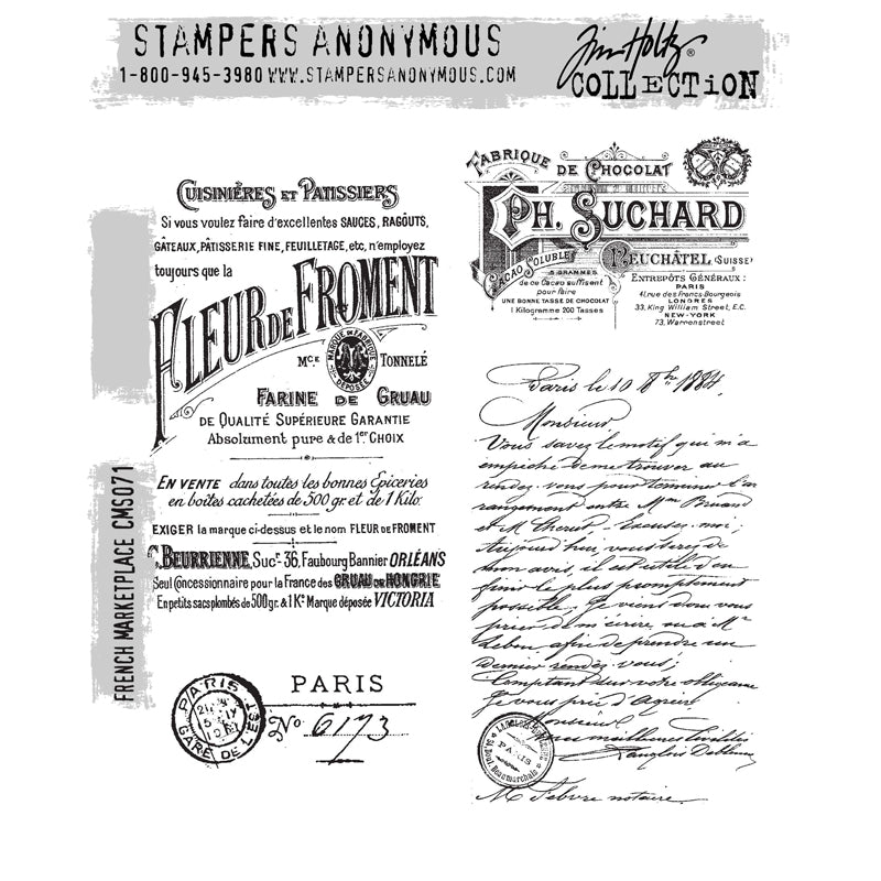 French Marketplace ... by Tim Holtz - 4 (four) cling mounted rubber stamps by Stampers Anonymous (cms071). Beautiful vintage imagery in French from France. This stamp set includes vintage advertising for a patisserie or bakery, chocolate shop, postal mark from an envelope and a beautifully written letter. Sizes (approx) : letter inked by hand, calligraphy, is 2 3/4" x 4 1/8" high.