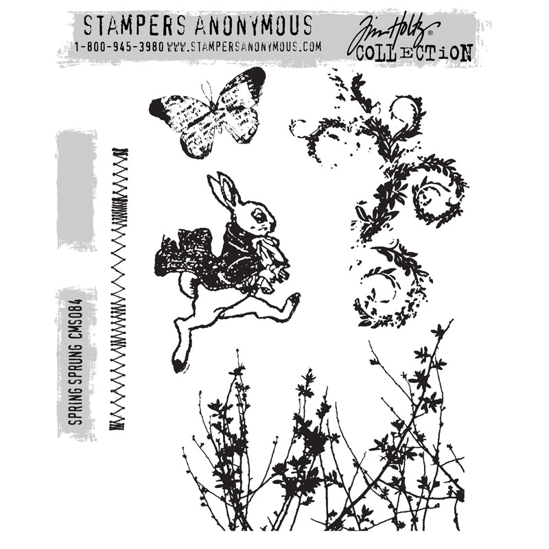 Spring Sprung ... by Tim Holtz and Stampers Anonymous (cms084). Set of versatile red rubber stamps for mixed media, journaling, visual arts and papercrafts. 5 (five) designs. Add these wonderfully versatile stamp designs by Tim Holtz to your next adventure! This set includes a well dressed rabbit wearing a jacket is a length of zig zag stitching, collage butterfly, distressed leafy flourish and wildflowers.