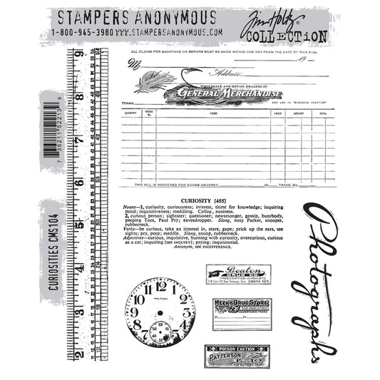 Curiosities ... by Tim Holtz and Stampers Anonymous (cms104). Set includes 8 (eight) designs for creating postcards, travel logs, greeting cards, journal pages, scrapbooking, art, postcards, tags, mixed media, visual arts and papercrafts. This set features vintage elements of a ruler, clockface or dial, labels, titles, dictionary meaning for curiosity and ledger page.