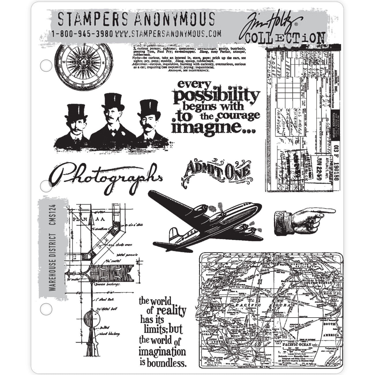 Warehouse District ... rubber stamps by Tim Holtz and Stampers Anonymous (CMS124). A wonderful collection of vintage inspired travel and curious imagery. Designs inclue a compass, dictionary meaning (curiosity), airline ticket, quotes, labels, 1950s aeroplane, pointing hand, detailed map of the Pacific Ocean area of Earth, blueprint of something interesting and a trio of gentlemen (blokes, men, masculine people with moustaches) wearing suits, top hats and bow ties.