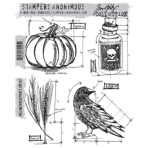 Halloween Blueprint 2 ... by Tim Holtz and Stampers Anonymous (cms167). This set of stamps includes a beautiful pumpkin, vintage bottle with cork and poison label, pair of crossed wheat stalks ripe with grain, a standing raven facing left but looking right - each with notations, labels and arrows in a blueprint drafting style.  These beautifully drawn stamps will make a fantastic addition to any artwork, mixed media art, greeting card for halloween, scrapbook page or craft project.