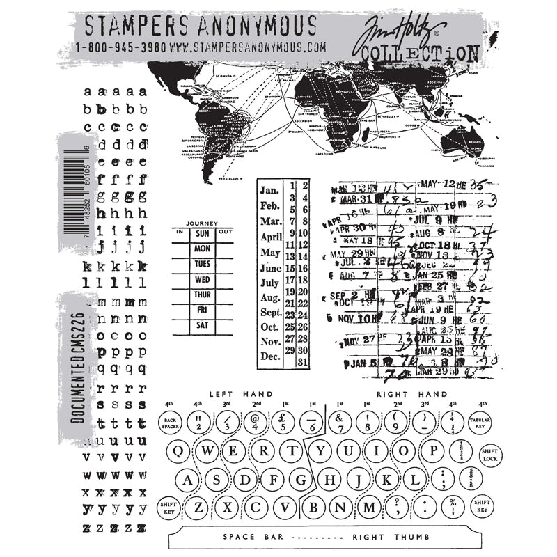 Documented ... by Tim Holtz and Stampers Anonymous (cms226). 6 (six) red rubber stamps for mixed media, journaling, visual arts and papercrafts. This set of Tim Holtz stamps features a wonderful well used library card, journey label with days of the week (day in, day out), month label, long strip of letters in a traditional typewriter font complete with inky areas, the map of the world with journeys marked, plus a section from a typewriter learning to type chart.