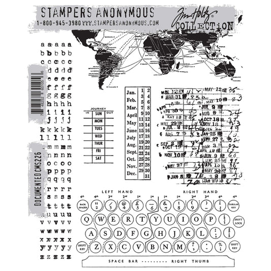 Documented ... by Tim Holtz and Stampers Anonymous (cms226). 6 (six) red rubber stamps for mixed media, journaling, visual arts and papercrafts.   This set of Tim Holtz stamps features a wonderful well used library card, journey label with days of the week (day in, day out), month label, long strip of letters in a traditional typewriter font complete with inky areas, the map of the world with journeys marked, plus a section from a typewriter learning to type chart.