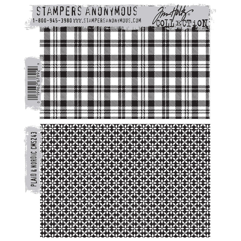 Plaid and Nordic ... by Tim Holtz and Stampers Anonymous (CMS243). 2 (two) red rubber stamps mounted with cling foam, to use for creating art, scrapbooking, cardmaking, mixed media, journaling, visual arts and papercrafts. - Plaid ... a wonderful fabric inspired pattern made up of lines and squares. - Nordic ... a background made of tiny beautiful 4-petalled flowers or stars, set out over the whole area in alternate rows and angles.