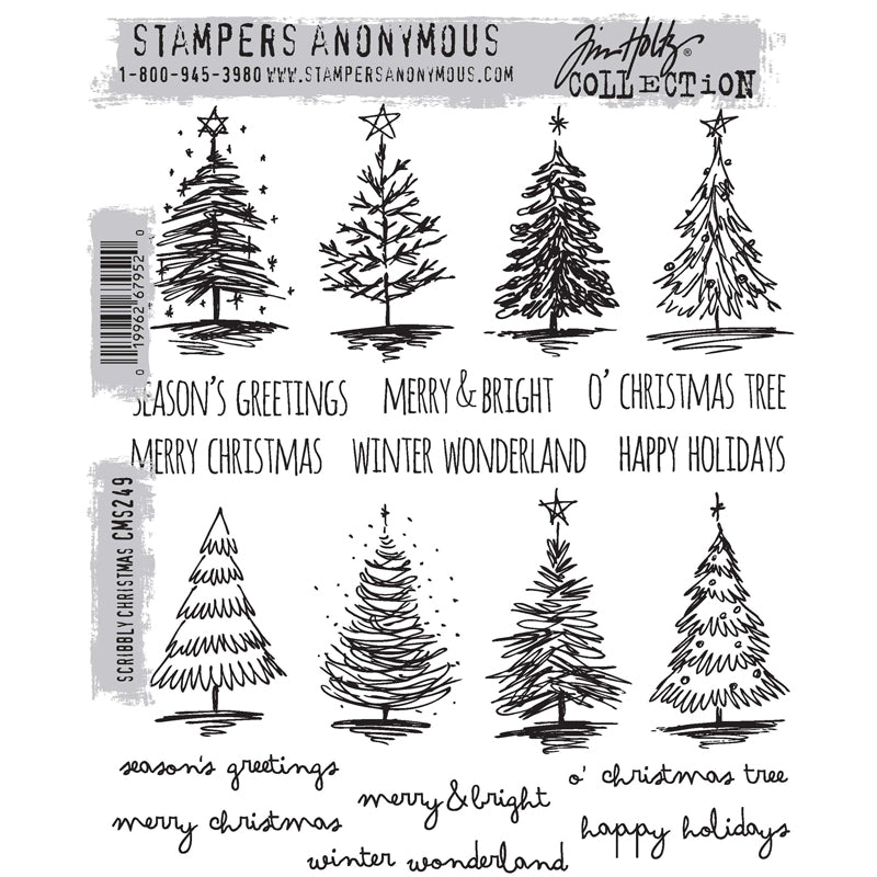 Scribbly Christmas ... rubber stamp set by Tim Holtz and Stampers Anonymous (cms249) - 20 (twenty) designs featuring 8 beautiful pine trees and 12 wonderful messages in two font styles. Grow a scribbly forest of pine trees with these 8 unique designs (some with stars or speckles) and 12 seasonal sayings. Throw on some stardust (aka glitter glue), add mica flakes or use white gesso for snow! Grow Christmas and pine trees your way and enjoy every moment!