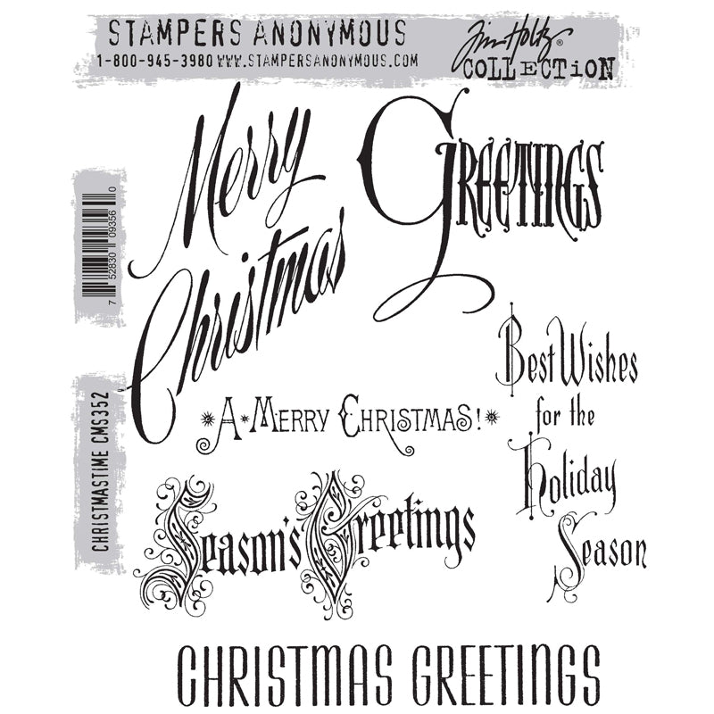 Christmastime ... rubber stamps by Tim Holtz and Stampers Anonymous (cms352). 6 (six) designs of messages and greetings for the festive season. A set of beautifully designed messages and greetings perfect for Christmas cards, tags, journaling, scrapbooking, memory keeping, planners and other festive projects. Featuring vintage inspired typographical design in traditional typefaces, olde worlde lettering, modern uppercase, stylized script and illuminated letters.