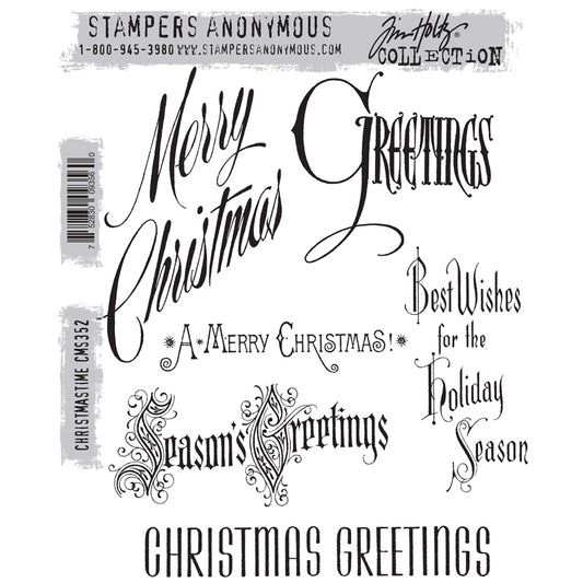 Christmastime ... rubber stamps by Tim Holtz and Stampers Anonymous (cms352). 6 (six) designs of messages and greetings for the festive season. A set of beautifully designed messages and greetings perfect for Christmas cards, tags, journaling, scrapbooking, memory keeping, planners and other festive projects. Featuring vintage inspired typographical design in traditional typefaces, olde worlde lettering, modern uppercase, stylized script and illuminated letters.
