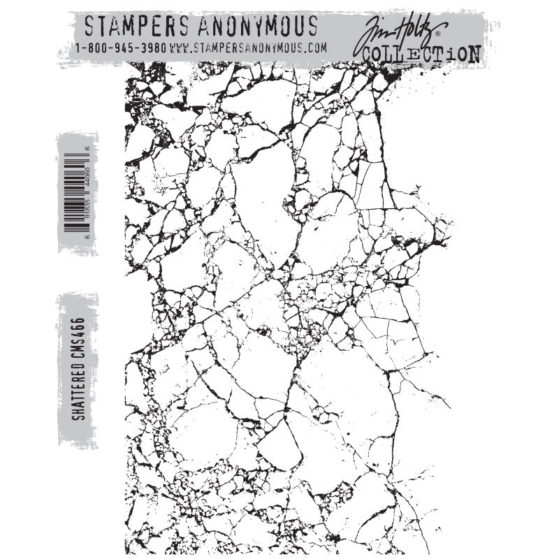 Shattered ... rubber stamp set by Tim Holtz and Stampers Anonymous - 1 (one) large textured design and 1 (one) large acrylic Grid Block (CMS466). This wonderfully textured looking design is full of realistic crackles and fractured pattern of broken glass or tiles. It is perfect for every day, using in art journaling, cardmaking, junk journals, scrapbooking, craft holidays and other arty moments. Stamp size is approx : 5" x 7 1/2".
