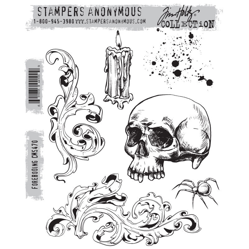 Foreboding ... rubber stamp set by Tim Holtz and Stampers Anonymous - the creepy feeling when you think something scary may happen. 6 (six) stamps, one of each design (CMS470). Gorgeous drippy candle! Beautiful leafy scrolls! The inky splatters are really cool and will be useful all year round. The skull has lost his gold tooth but will still look fantastic, maybe with flowers or bugs crawling out of her eye sockets. A fantastic set of versatile designs!