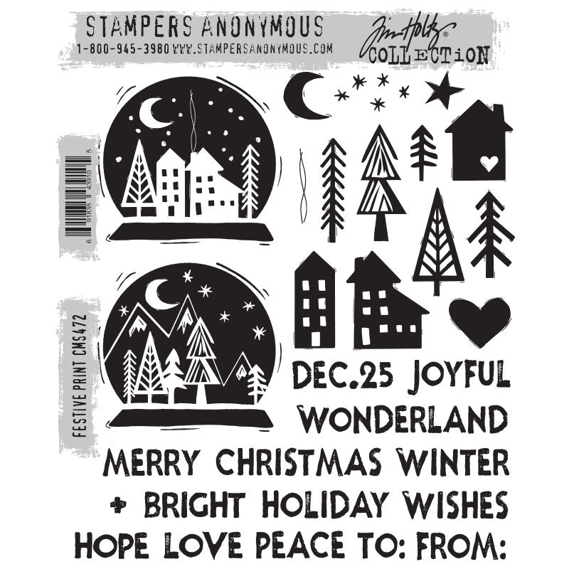 Festive Print ... by Tim Holtz and Stampers Anonymous (cms472). 30 (thirty) Christmas inspired red rubber stamps for celebrating and creating cards, tags, mixed media, journaling, visual arts and papercrafts. Tim Holtz Stamps 'Festive Print' includes a wonderful set of seasonal images of pine trees, houses, hearts, crescent moon, sparkly stars, two snowglobes scenes and a host of words, messages, phrases, thoughts of peace, love and hope (in an uppercase organic style of typeface).