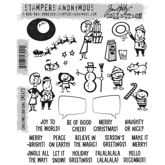 Christmas Cartoons ... by Tim Holtz and Stampers Anonymous (cms473). 29 (twenty nine) Christmas inspired red rubber stamps for celebrating and creating cards, tags, mixed media, journaling, visual arts and papercrafts.   Tim Holtz Stamps 'Christmas Cartoons' includes wonderful phrases and song choruses with fun comical characters and scenes plus 2 speech bubbles for both sides of the conversation! The 14 (fourteen) saysings are in an uppercase organic style of typeface, perfect for every day.