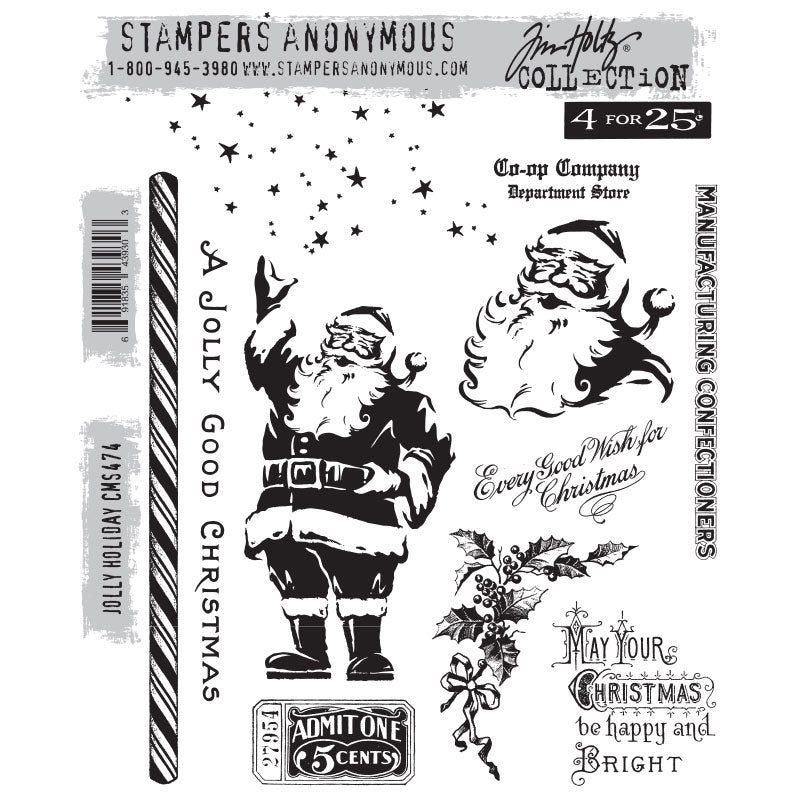 Jolly Holiday ... by Tim Holtz and Stampers Anonymous (cms474). 12 (twelve) Christmas inspired red rubber stamps for celebrating and creating cards, tags, mixed media, journaling, visual arts and papercrafts. Tim Holtz Stamps 'Jolly Holiday' includes wonderful labels and messages in beautiful lettering, a long stripy stick (of candy), cheerful Father Christmas standing and waving, laughing Santa Claus portrait, beautiful sprig of holly and berries (with a bow) and starry sparkly stars.