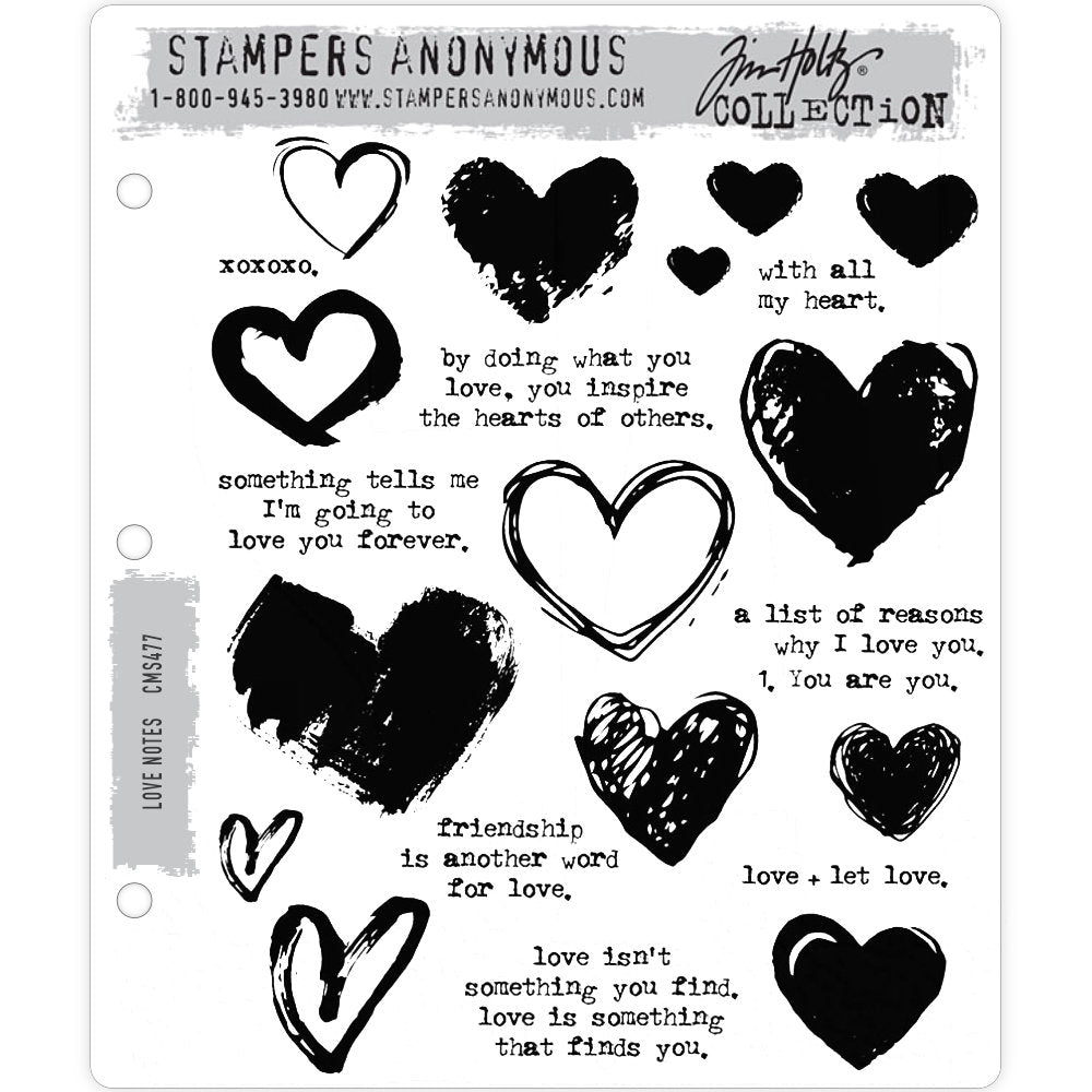 Love Notes ... by Tim Holtz and Stampers Anonymous (cms477). Wonderful messages and heart illustrations for love, kindness, birthdays, every day. Set includes 8 (eight) phrases and 14 (fourteen) hearts for creating art, cards, tags, mixed media, journaling, visual arts and papercrafts. Tim Holtz Stamps 'Love Notes' includes a wonderful set of hand drawn love hearts in a variety of styles and sizes with a host of words, messages and thoughts of love and kindness (in a lowercase typewriter style of font).