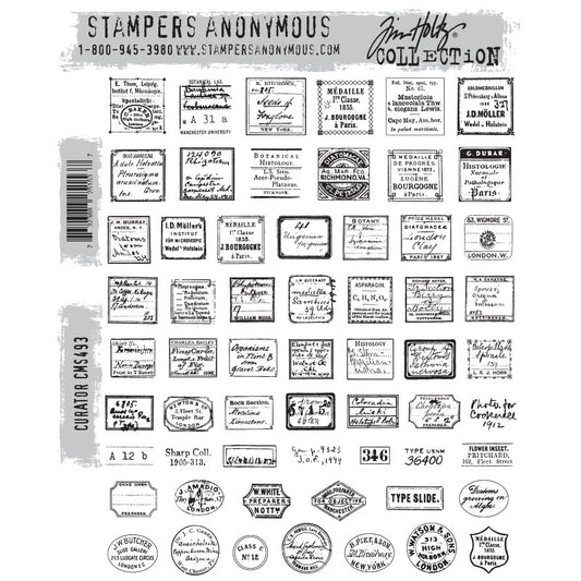 Curator ... by Tim Holtz and Stampers Anonymous (cms493). Over 50 Labels, postmarks, and more labels in beautiful vintage designs in a variety of styles and shapes. Set includes (lots of) designs for creating fun greeting cards, journal pages, scrapbooking, art, postcards, tags, mixed media, visual arts and papercrafts. Perfect to make your own little vintage labels, journal fodder or to use in the background as a collaged pieced layout or stamped whole. Designs average 1" in size.